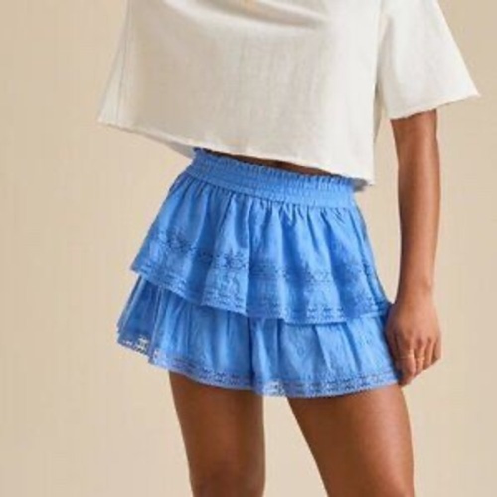 Altar'd State Winslow Blue Tiered Lace Trim Smocked Cotton Skort Size M